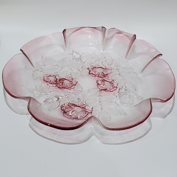 13" 🇩🇪 Crystal Pink Roses 3 Toed Ruffled Edge Satin Serving Platter by Mikasa - Picture 13 of 13